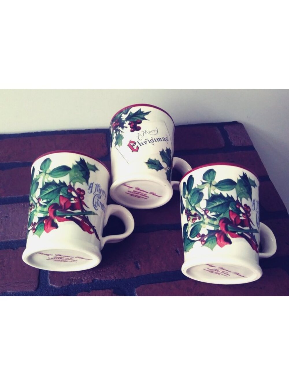 Williams Sonoma Christmas Postcard Mugs set of 3 Holiday ceramic New white red